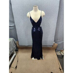 Lulus Navy Blue Sequin Mermaid Gown With Straps & Cut-Out Back  Small